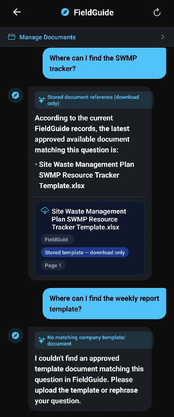 FieldGuide returning the approved SWMP tracker template and refusing to invent a missing weekly report template.